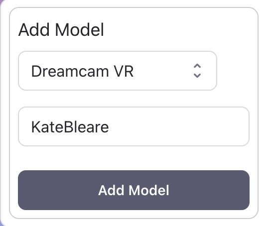 CaptureGem application interface with model username input field highlighted, showing where to paste the Dreamcam model name for recording