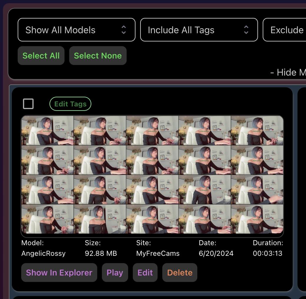 CaptureGem review interface showing recorded video thumbnails with playback controls, edit options, and file management tools for MyFreeCams recordings