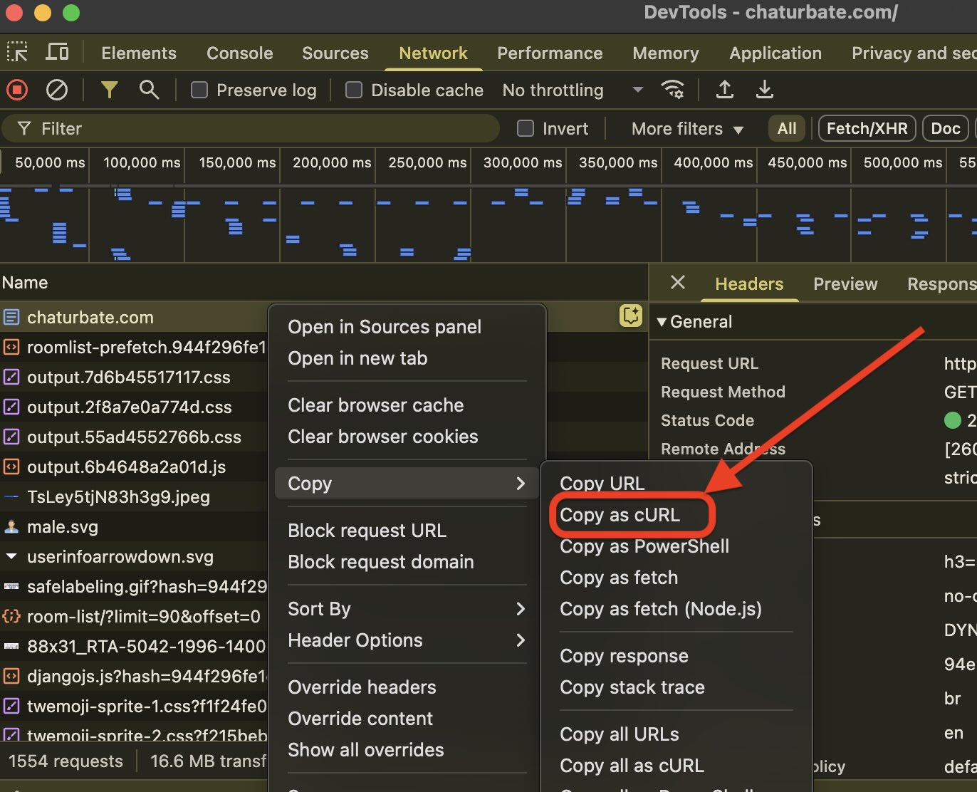 Screenshot: Copy as cURL on Mac. Note for Windows users: Make sure to select Copy as cURL (bash)
