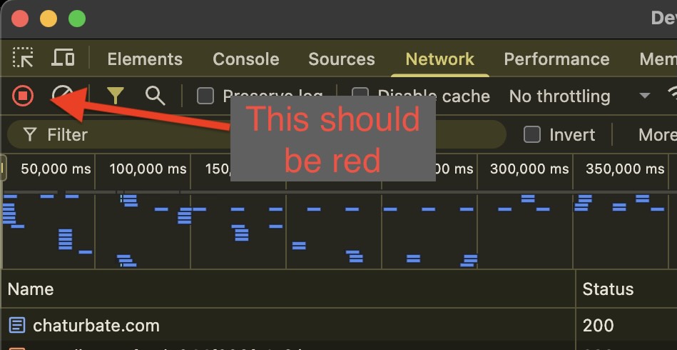 Screenshot: Network Tab Record Button Enabled