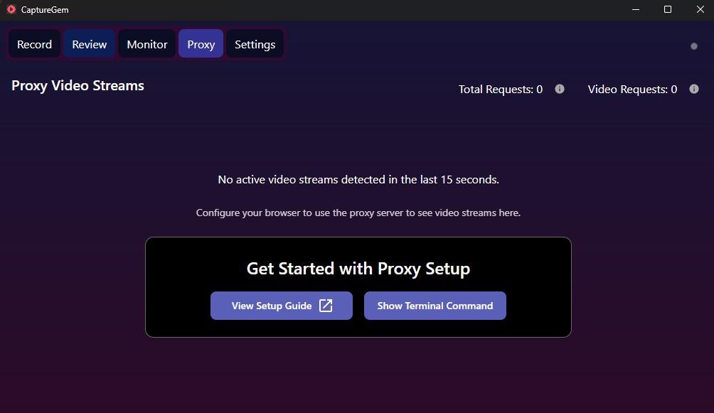 Screenshot: CaptureGem interface showing Proxy tab and version 2.13.1 in Settings