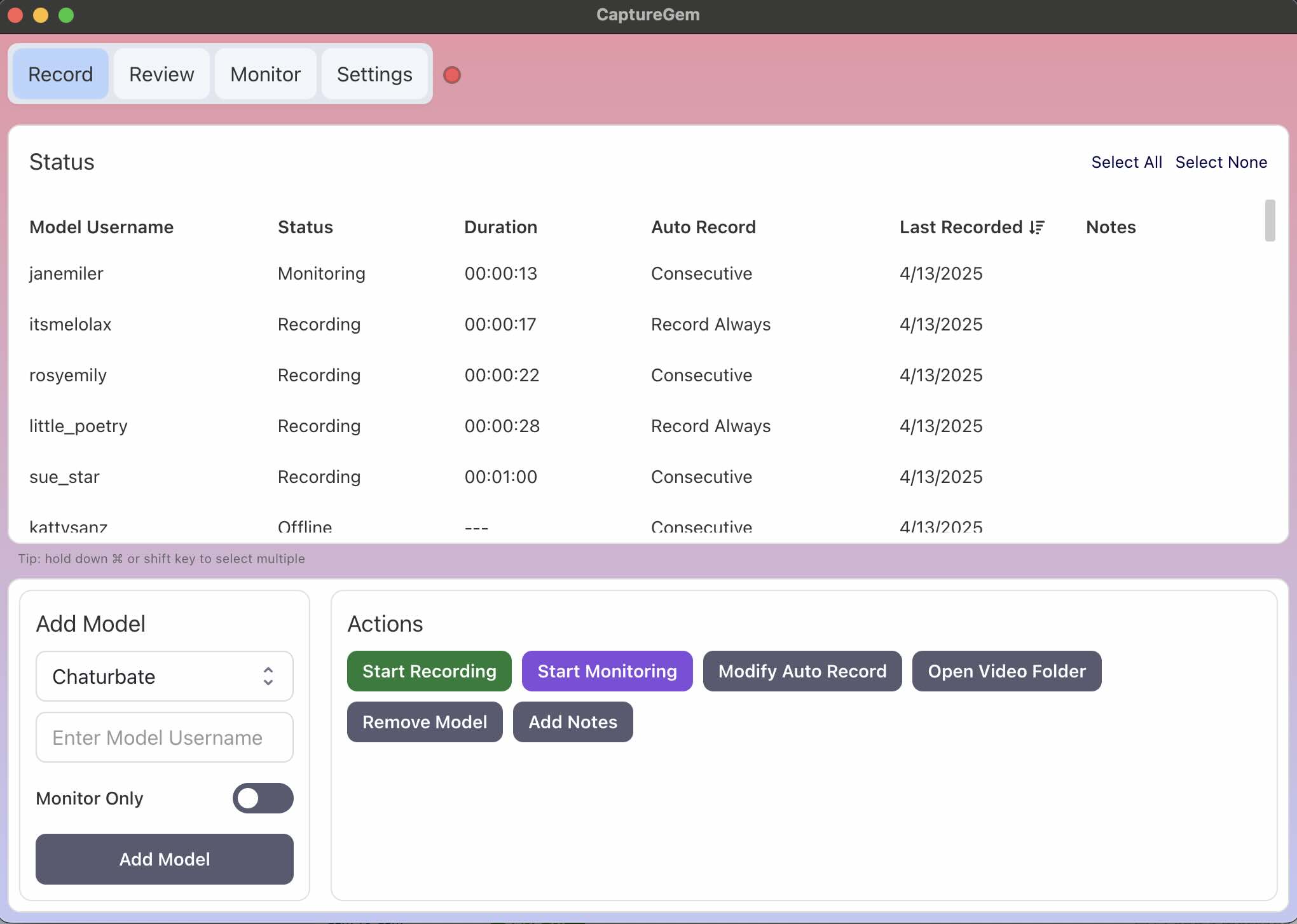 CaptureGem desktop application interface showing active recording session with Dreamcam model, featuring recording controls and live stream preview